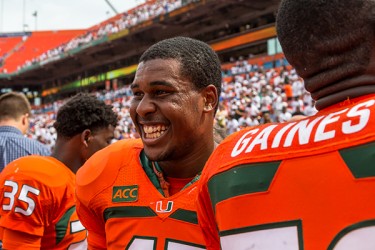 Akil Kraig (47) reacts to the Canes win against the Gators on Saturday afternoon. Nick Gangemi // Assistant Photo Editor