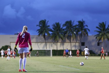 Goalkeeper Emily Lillard prepares to kick the ball off during a game against North Carolina State on Thursday night. The Canes won 2-1. Chloe Behar // Contributing Photographer