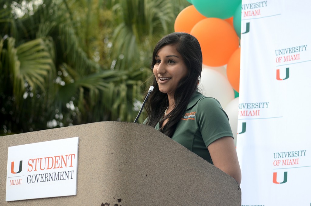Student Government President Bhumi Patel addresses the UM community on Thursday afternoon during the annual State of the U address delivered on the Rock. Becca Magrino // Contributing Photographer