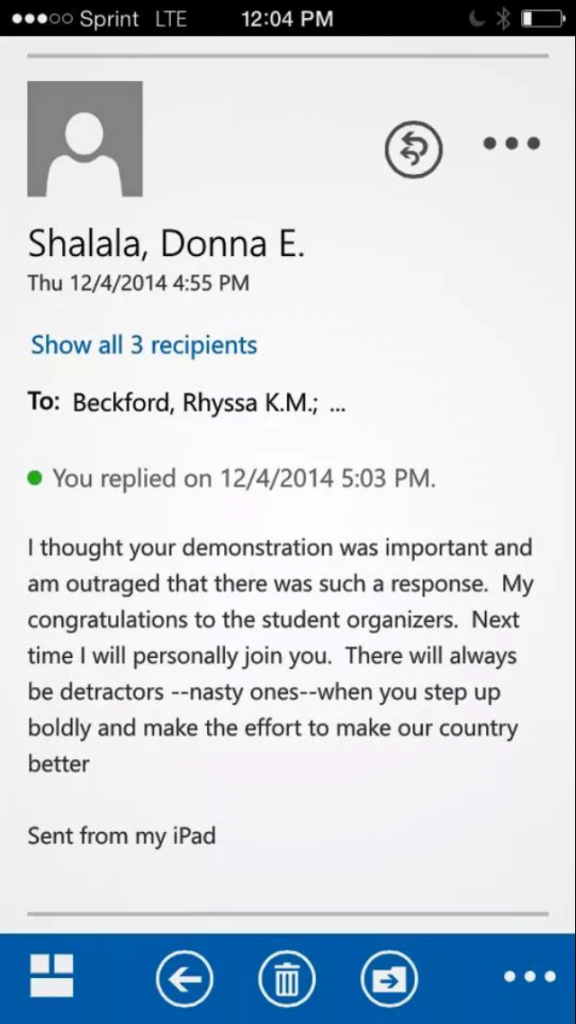 Shalala's response. // Screenshot courtesy Beckford