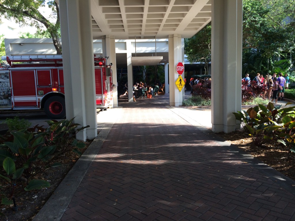A fire truck and evacuated students in front of Mahoney-Pearson residential colleges Wednesday afternoon. // Photo courtesy Nicole Katz