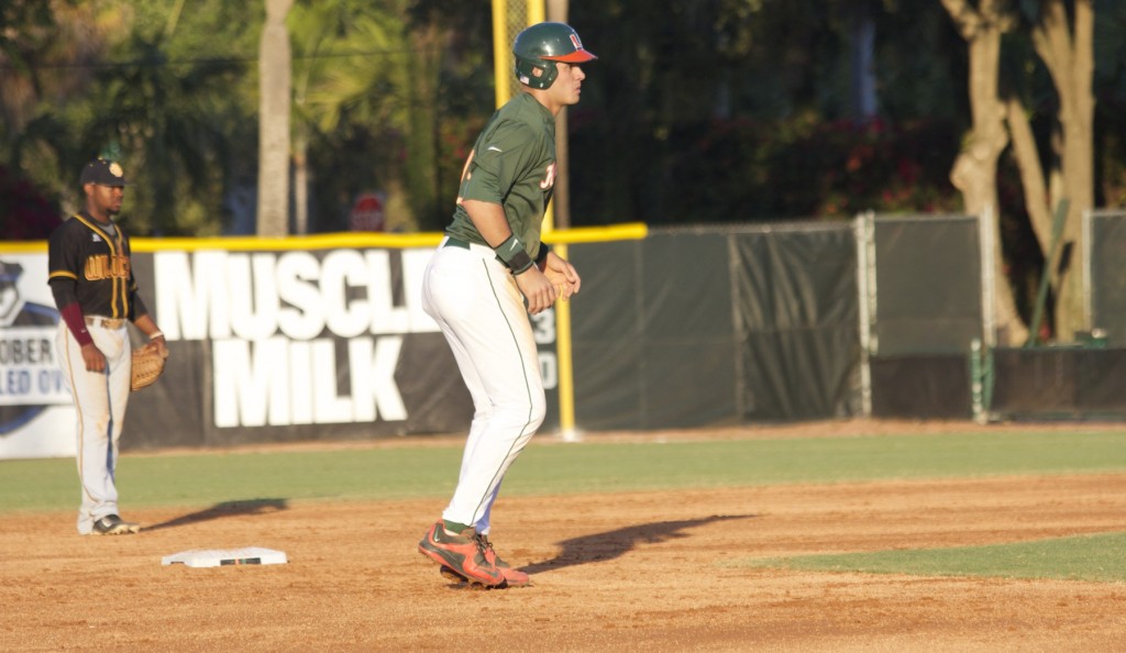Sophomore right fielder Willie Abreu prepares to steal third base during a game against Bethune-Cookman earlier this season. Lyssa Goldberg // Online Editor