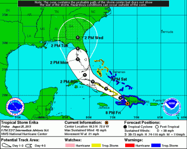 Tropical Erika's projected track as of 8pm Friday. Graphic Courtesy NOAA/NWS