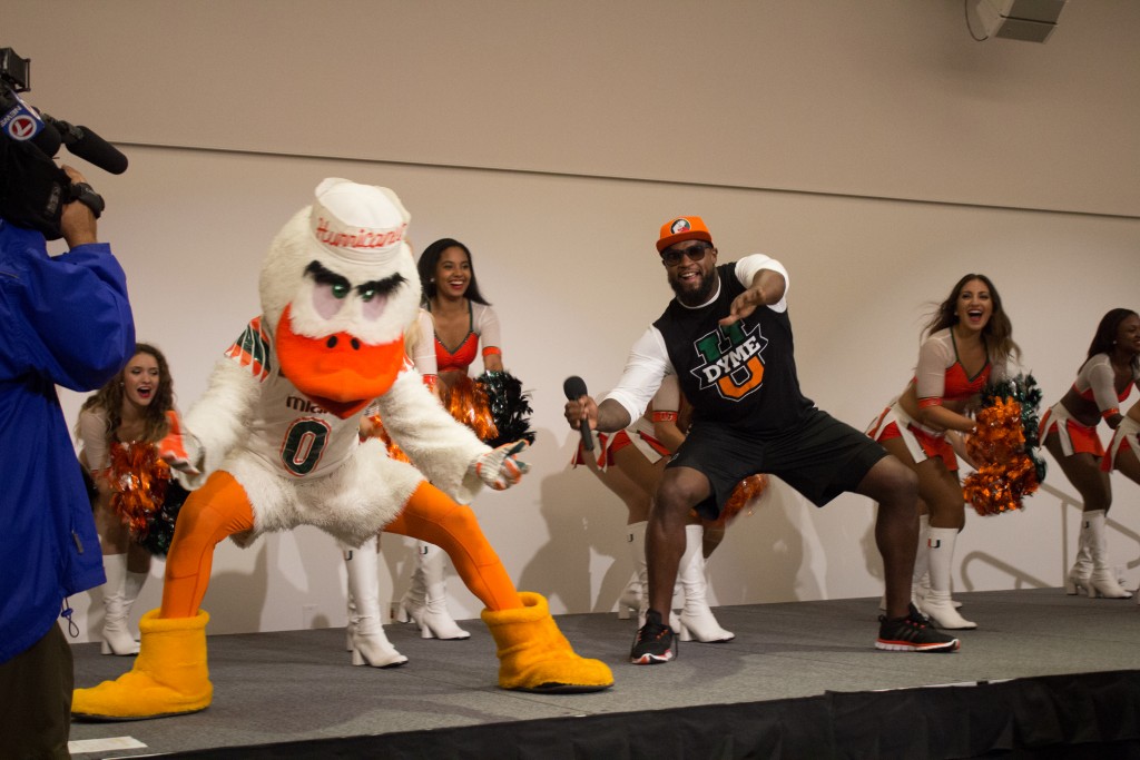 The Pep Rally for the UM vs Nebraska game opens up with a Canes Spell-out from the UM cheerleaders and a guest speaker, former football player DJ Williams. Kawan Amelung // Contributing Photographer