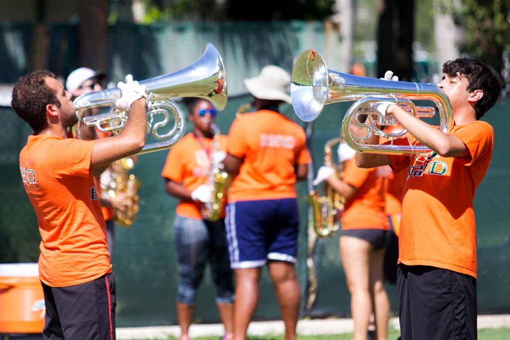 The Band of the Hour rehearses at the IM Fields for Saturday's upcoming game against Bethune-Cookman. Sophie Barros // Contributing Photographer