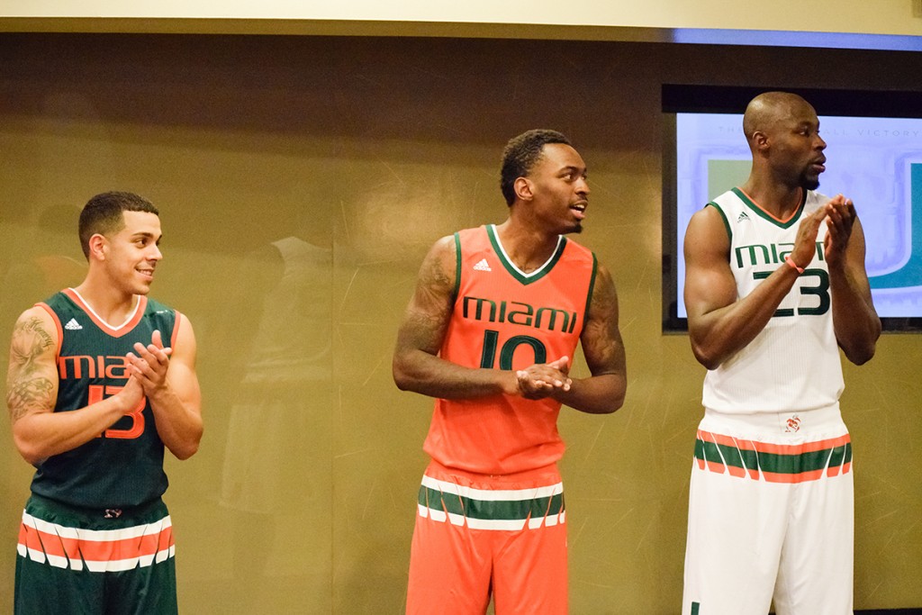 The University of Miami basketball program unveiled its new Adidas basketball uniforms in front of Hurricane Club donors at the Canes Basketball Tip-Off Social at the BankUnited Center Thursday night. Evelyn Choi // Contributing Photographer