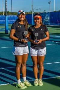 Yolimar Ogando (left) and Wendy Zhang (right) won the Doubles A Draw at the Bedford Cup held Saturday at the FGCU Tennis Complex. Ogando went on to win the Singles A Draw Sunday. Photo Courtesy Linwood Ferguson