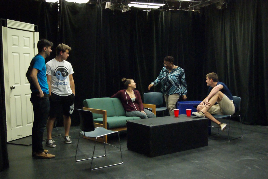Professor cfrancis blackchild teaches Theater in Action Devising Ensemble to students (left to right) Joey Casseb, Blake Hawthorne, Gabriella Mancuso and Thomas Jansen. blackchild also uses interactive theater to explore themes of sexual assult. Emily Dabau // Edge Editor