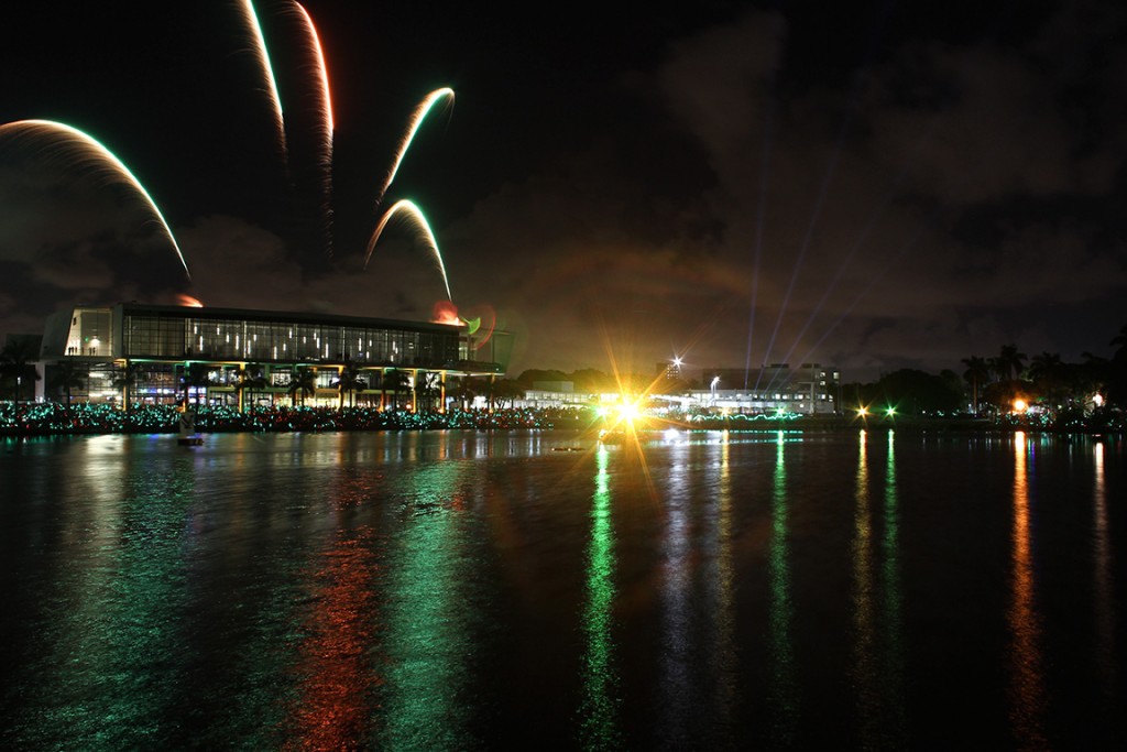Fireworks are set off from the roof of the Shalala Student Activities Center during the Homecoming festivities. Kawan Amelung // Staff Photographer