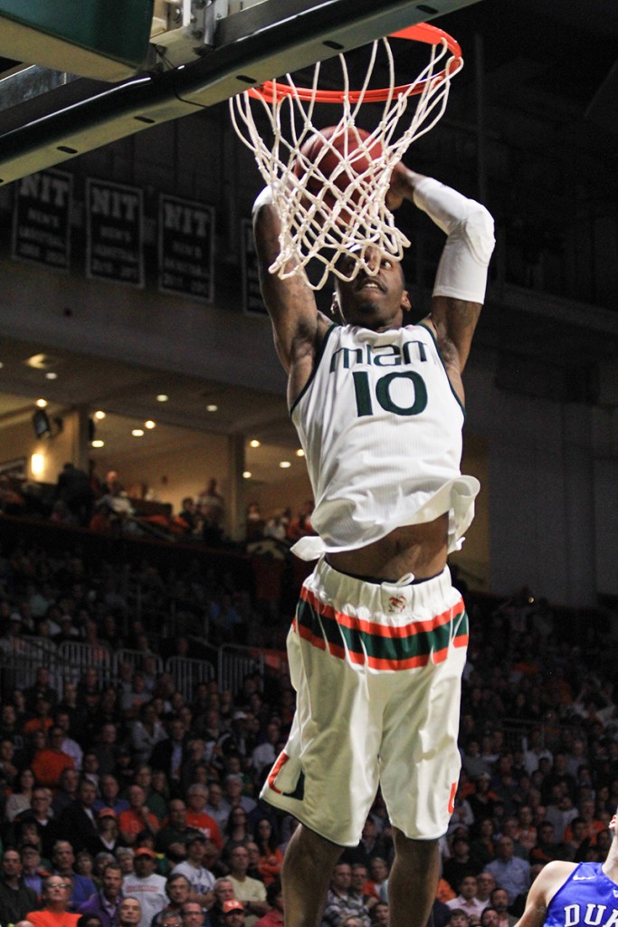 Redshirt senior guard Sheldon McClellan (10) dunks during men’s basketball’s win over Duke during their January matchup at the BankUnited Center. The Hurricanes won against Georgia Tech 75-68 Sunday afternoon. Victoria McKaba // Assistant Photo Editor