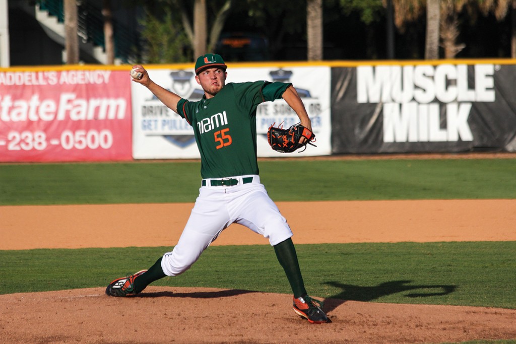 Sophomore right-hander Jesse Lepore (55) pitches during the men’s baseball win over Bethune-Cookman in March at Alex Rodriguez Park at Mark Light Field. Lepore pitched seven shut-out innings in the Hurricane’s win over FGCU Tuesday night in Fort Meyers. Victoria McKaba // Assistant Photo Editor’