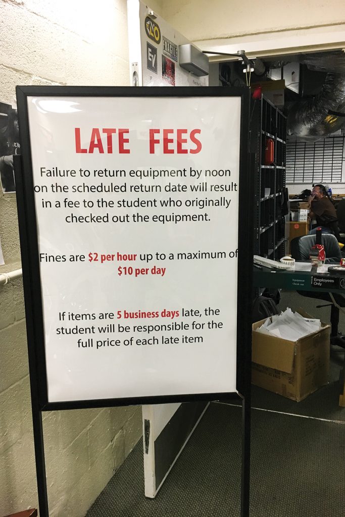 The School of Communication Equipment room instituted a new late fee policy at the beginning of this academic year. Isabella Cueto // News Editor