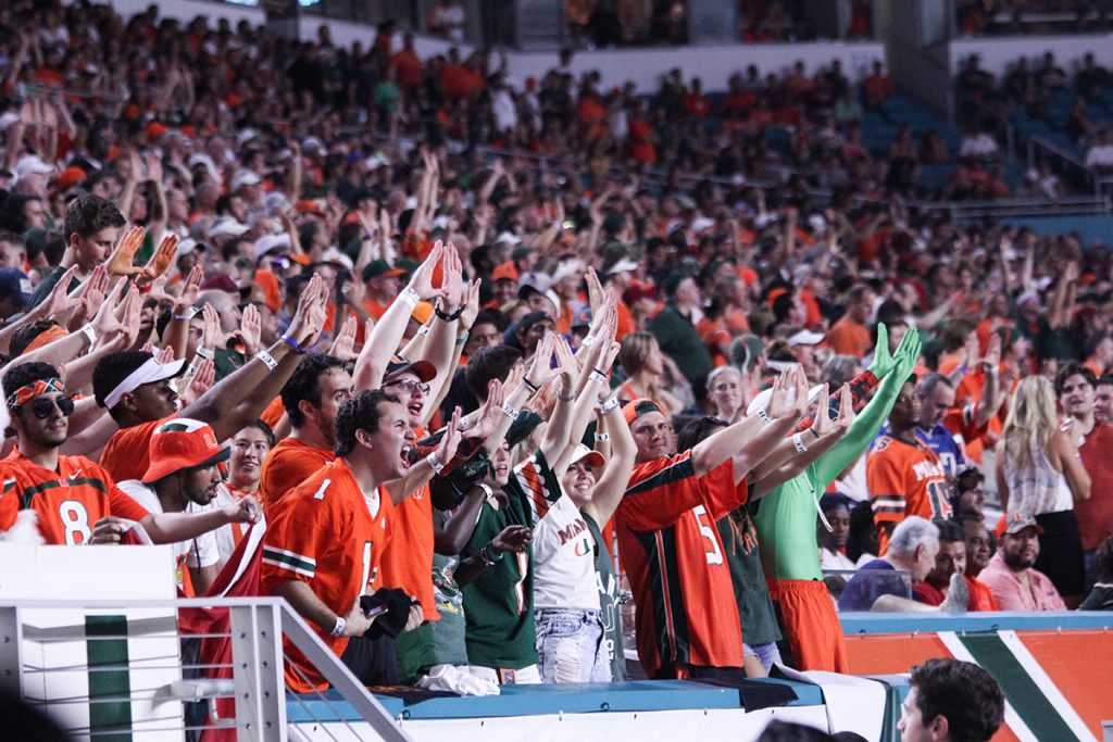 Students in attendance at Hard Rock Stadium during the football game against FSU kept the stadium energized to the very end. Victoria McKaba // Photo Editor