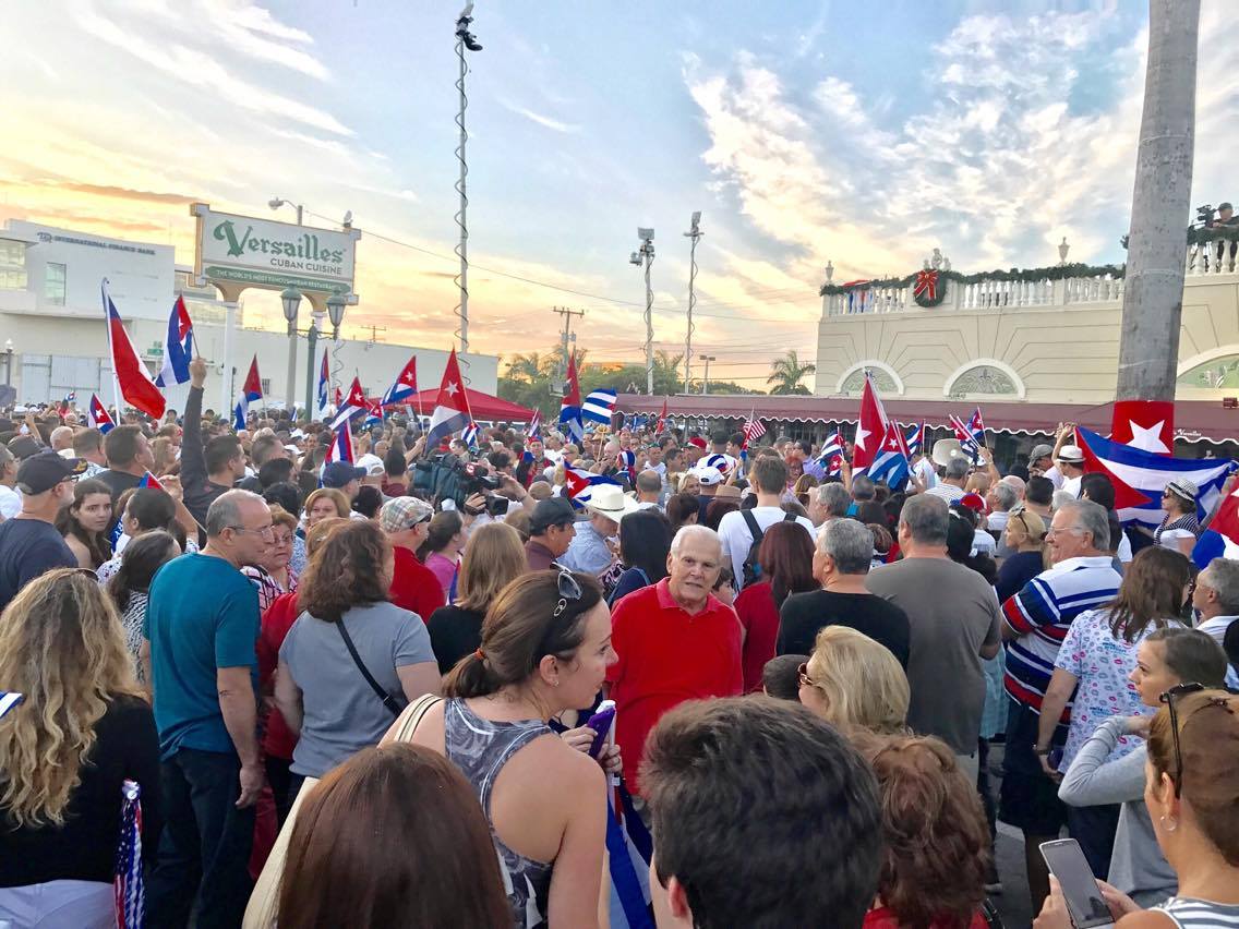 Crowds gather to celebrate Fidel Castro's death near Versailles Restaurant in Little Havana. Photo courtesy Tiffany Perez. 