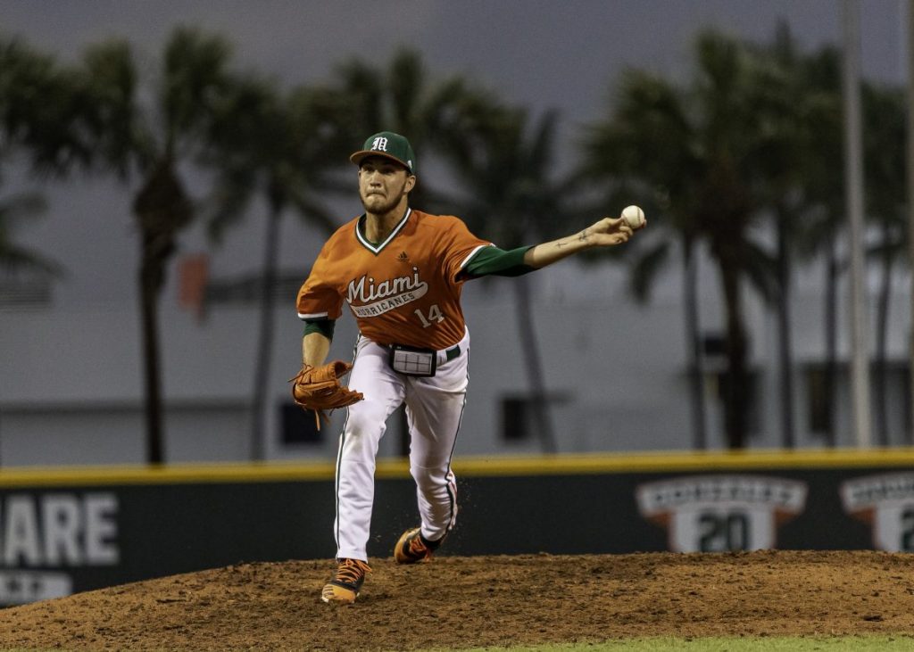 Freshman pitcher Carson Palmquist threw gave up one hit in two innings pitched during Miami's 7-5 win over USF Wednesday night.