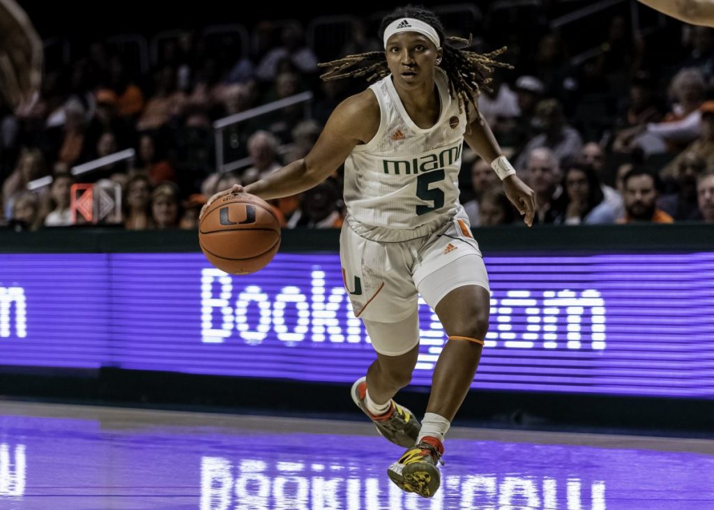 Junior guard Mykea Gray brings the ball down the court in Miami's win over Pitt on Sunday, March 1. Gray came second in the scoring column for Miami with 19 points.