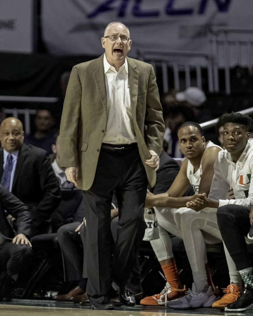 Head coach Jim Larra�aga yells at one of Miami�s players during the second half of Miami�s loss to Virginia Wednesday, March 4. Miami will conclude their regular season play at home against Syracuse, Saturday, March 7 at 4:00pm.
