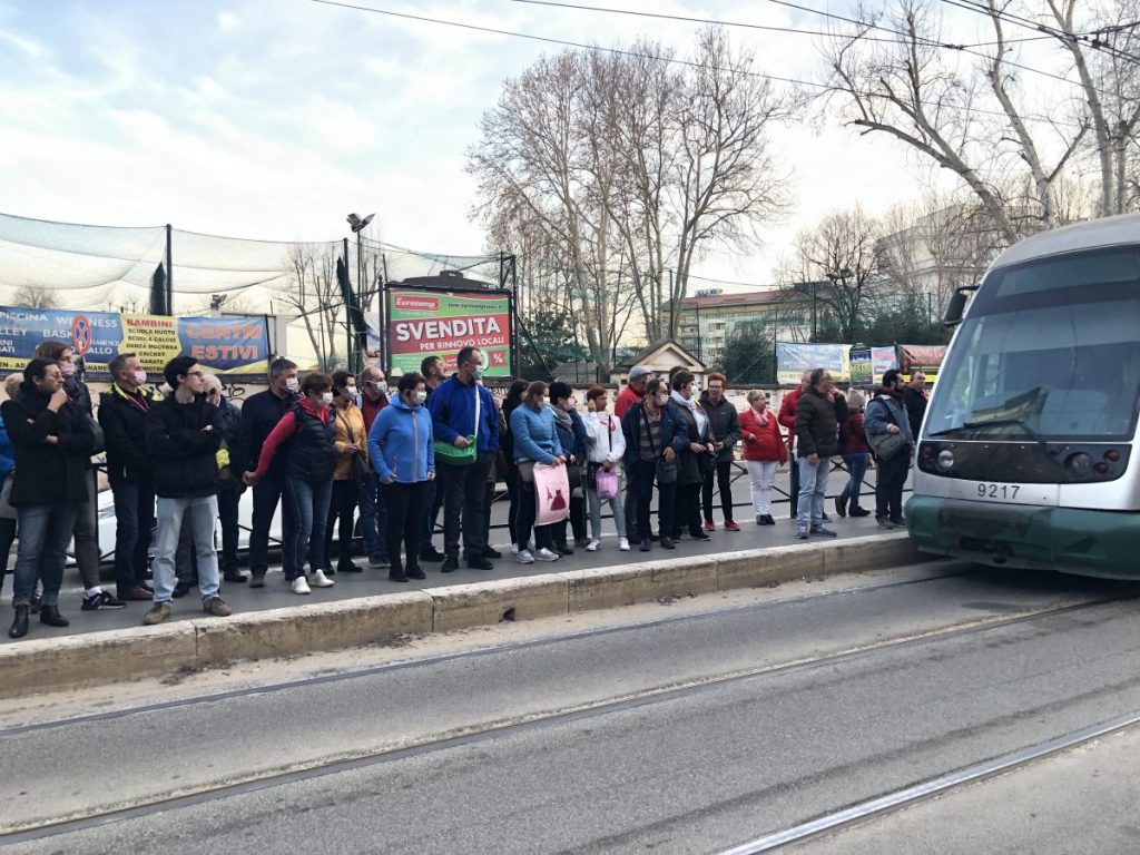 At the tram stop outside Grace Harrington’s apartment in Rome, several people were wearing masks as a protective measure during the coronavirus outbreak in Italy on Feb. 25.