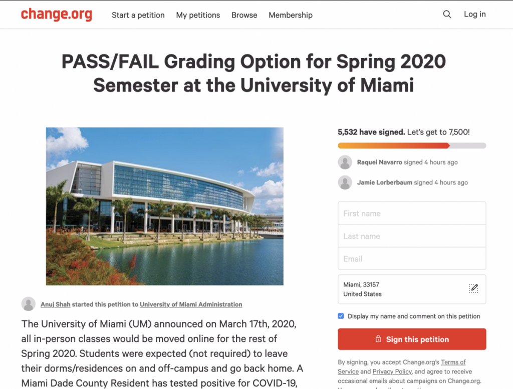 UM student Anuj Shah created a Change.org petition to call on the administration to implement a pass/fail grading option for the spring 2020 semester.