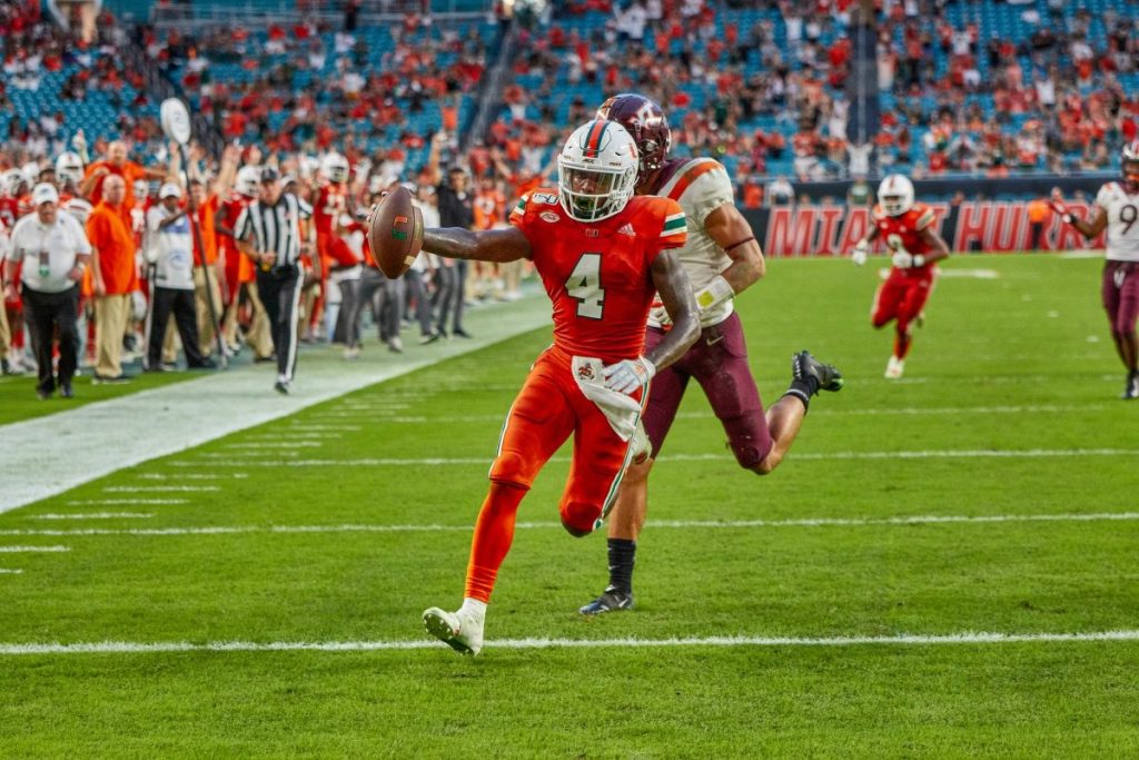 Jeff Thomas scores a touchdown during Miami's game against Virginia Tech on Oct. 5, 2019.