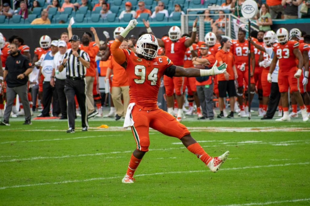 Trevon Hill hypes up the crowd at Miami’s game against Virginia Tech on Oct. 5, 2019.