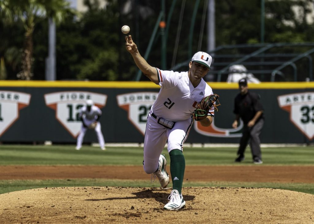 Slade Cecconi throws a pitch during Miami's 9-3 win over Towson on March 1, 2020.