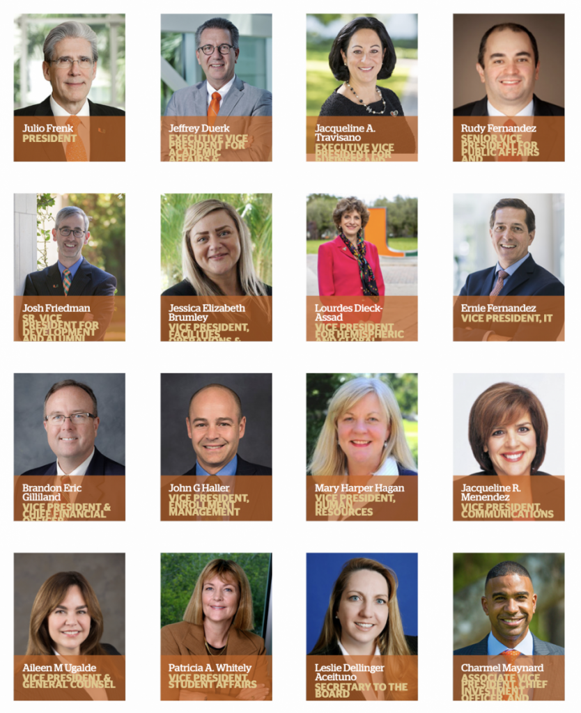 The University of Miami's executive leadership page features a predominantly white administration.