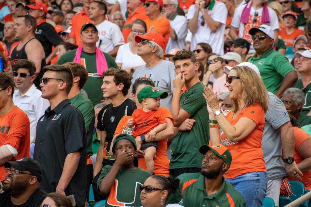Canes Football fans watch on as Miami takes on Virginia Tech at Hard Rock Stadium in Miami Gardens, FL on Oct. 5, 2019.
