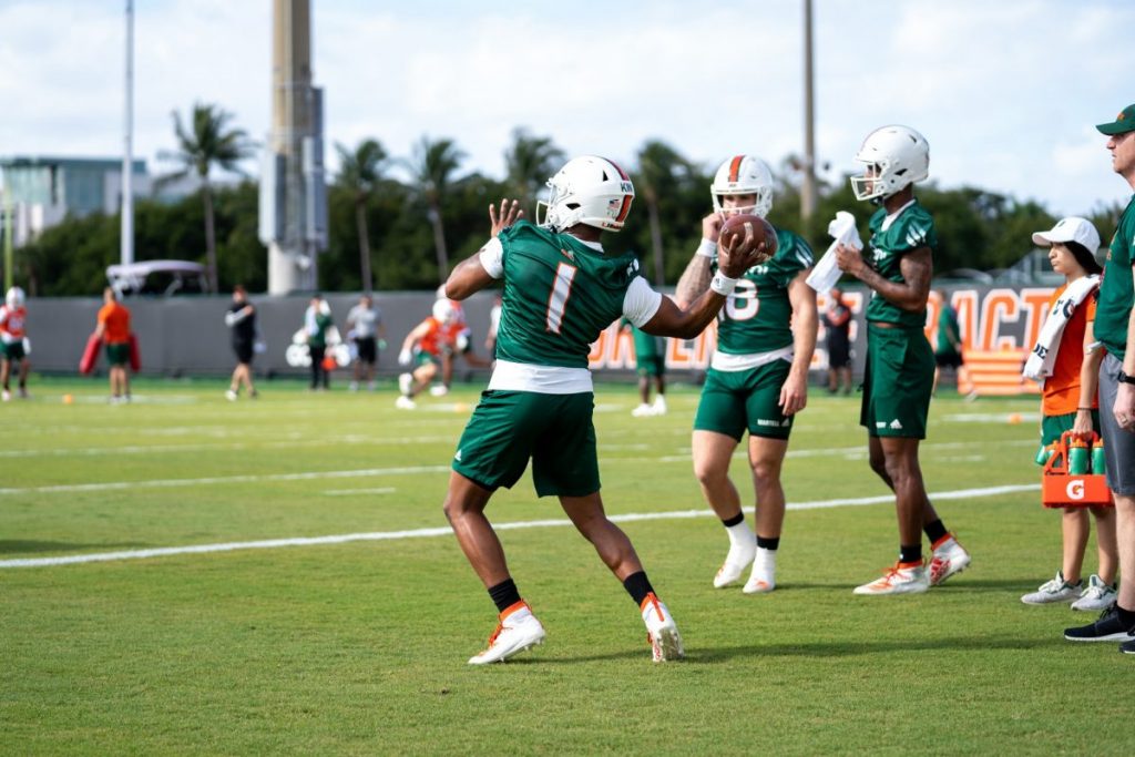 Redshirt Senior quarterback D’Eriq King throws the ball during the first day of Miami’s spring training on March 2 at the Greentree Practice Facility.