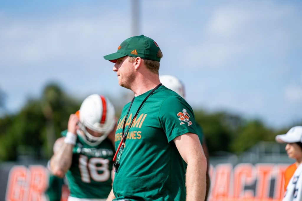 Offensive Coordinator Rhett Lashlee oversees the offense during the first day of Miami’s spring training on March 2 at the Greentree Practice Facility.