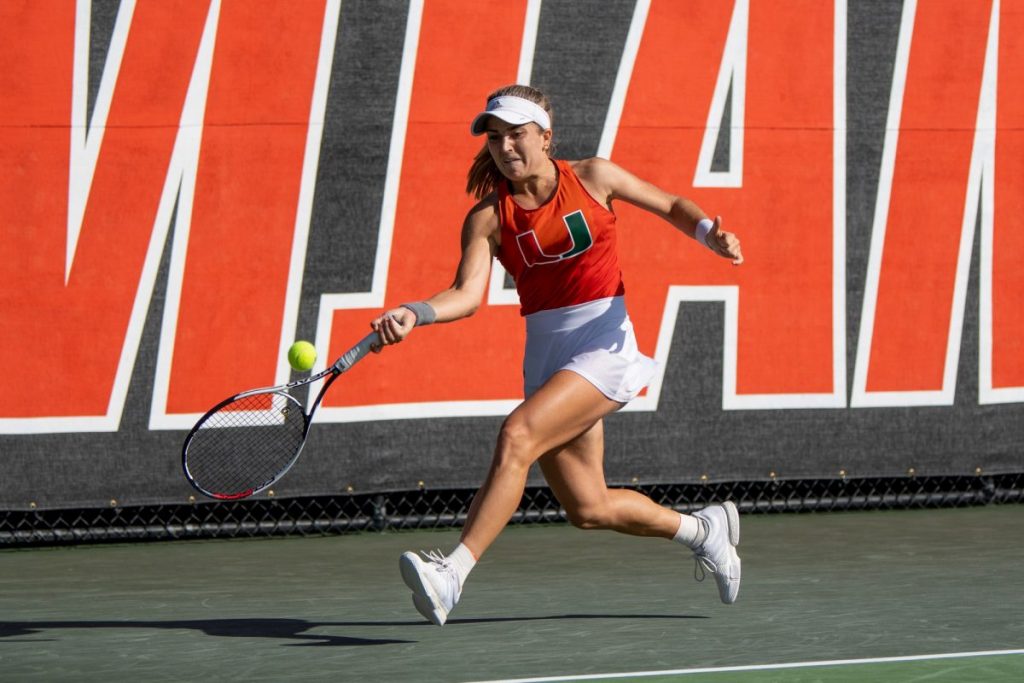 Estela Perez-Somarriba chases down the ball during the Miami Spring Invite  at the Neil Schiff Tennis Center in Coral Gables, FL on Jan 19.