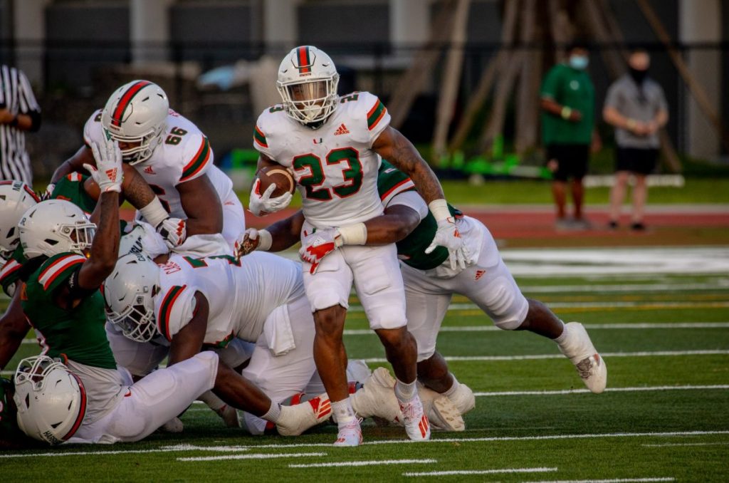 Running back Cam'Ron Harris (23) scored three touchdowns, one rushing and two receiving, during Miami's scrimmage on Saturday afternoon.