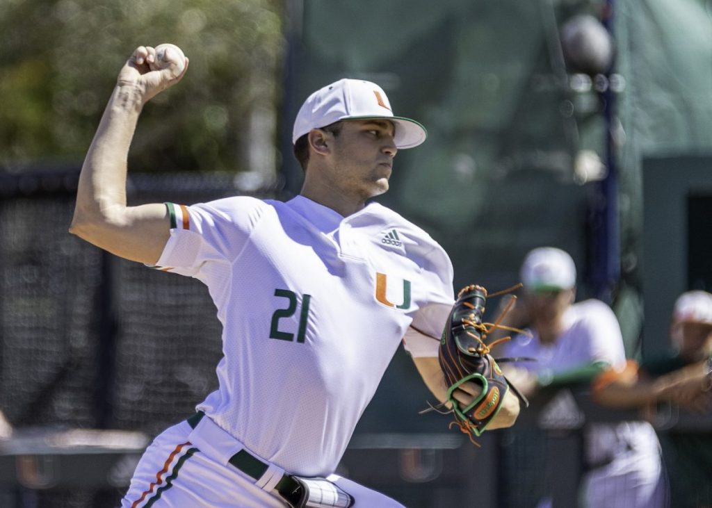 Pitcher Slade Cecconi winds up during Miami's game versus the University of Florida on Feb. 23 at Mark Light Field in Coral Gables, FL. Cecconi was picked by the Arizona Diamondbacks 33rd overall in the 2020 MLB Draft.