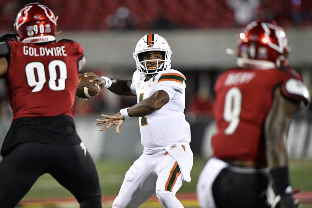 Quarterback D'Eriq King (1) looks to pass against the Louisville Cardinals during the first half of play at Cardinal Stadium in Louisville, Ky. on Saturday, Sept. 19.