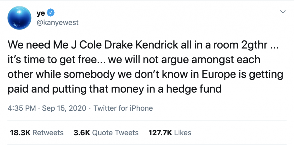 West followed this rant by urging J Cole, Drake and Kendrick Lamar to meet up and discuss this issue, as their leadership of their genre and industry could combine some force.
