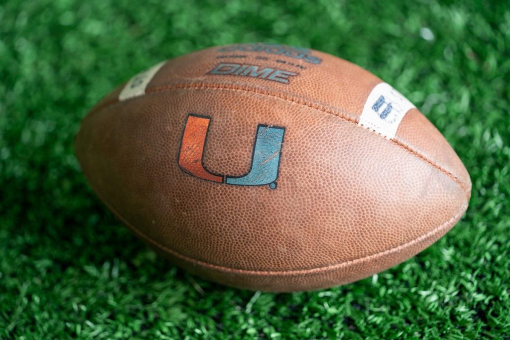 A football sits on the artificial turf of the Carol Soffer Indoor Practice Facility during day 3 of the ‘Canes spring practice on March 5.