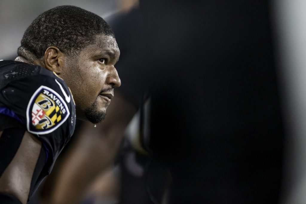 Former 'Cane, and current Ravens Defensive End Calais Campbell. The Baltimore Ravens were defeated by the Kansas City Chiefs by a score of 34-20 on Monday Night Football at M&T Bank Stadium on September 28, 2020 in Baltimore, MD.