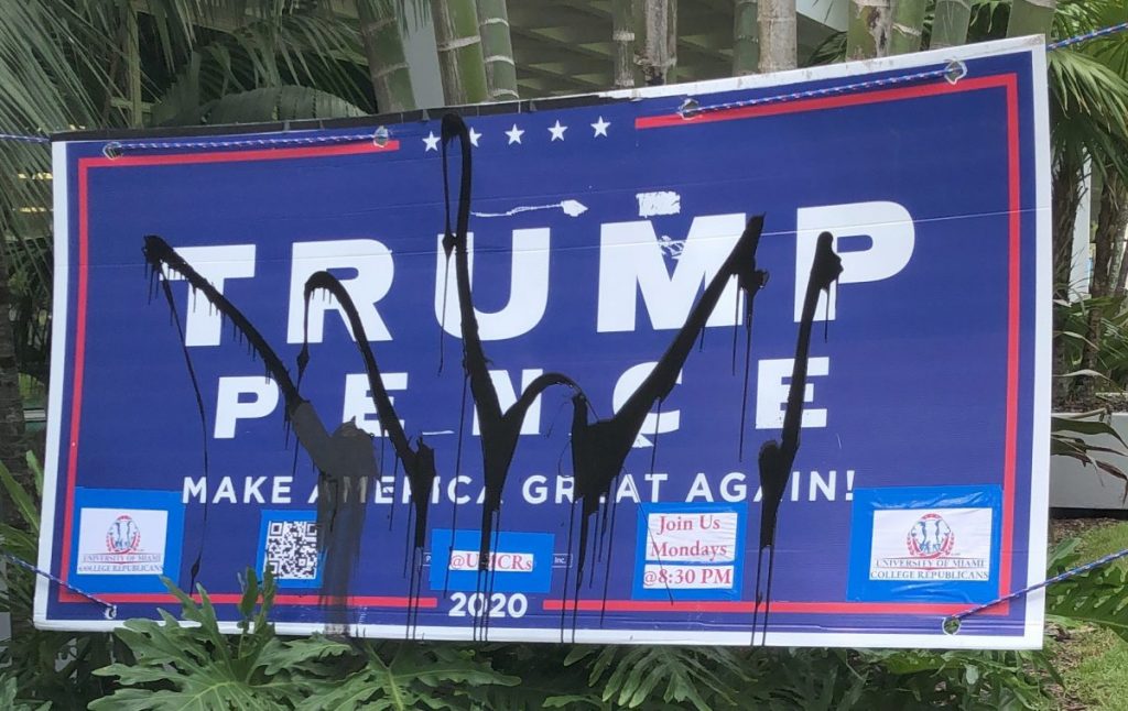 Black paint was thrown on one Trump sign by a student, near the Rock Plaza on Monday, Oct. 26. Photo credit unknown.