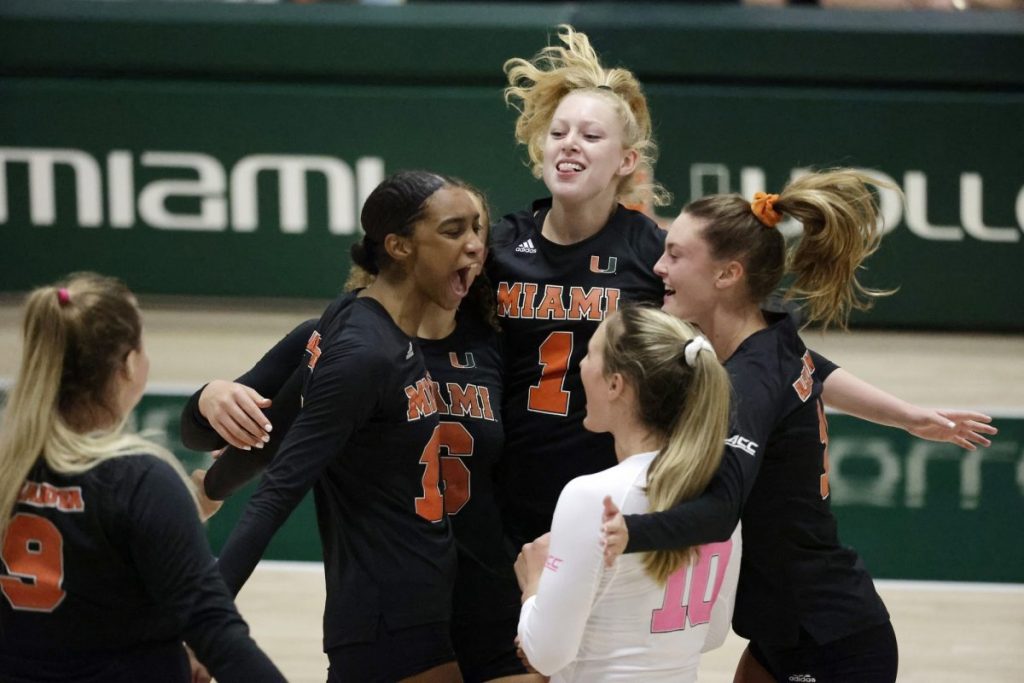 ‘Canes volleyball players celebrate after sweeping Florida State 3-0 during the second match in the Knight Sports Complex on Friday, Oct. 16.