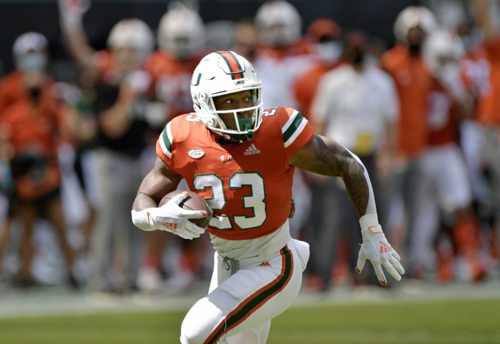 Running Back Cam'Ron Harris runs to the end zone for a first quarter touchdown during Miami's game versus Pittsburgh at Hard Rock Stadium in Miami Gardens, Florida on Saturday, Oct. 17, 2020.