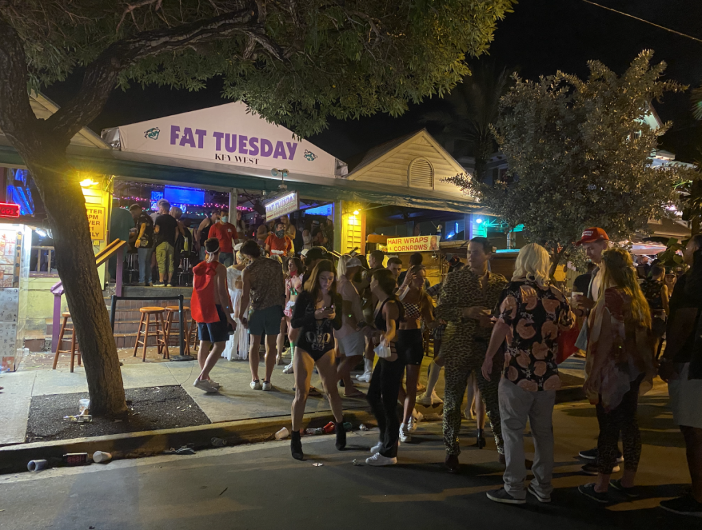 Large groups of maskless patrons filled the areas inside and out of Fat Tuesday on Duval Street in Key West on Saturday, Oct. 31.