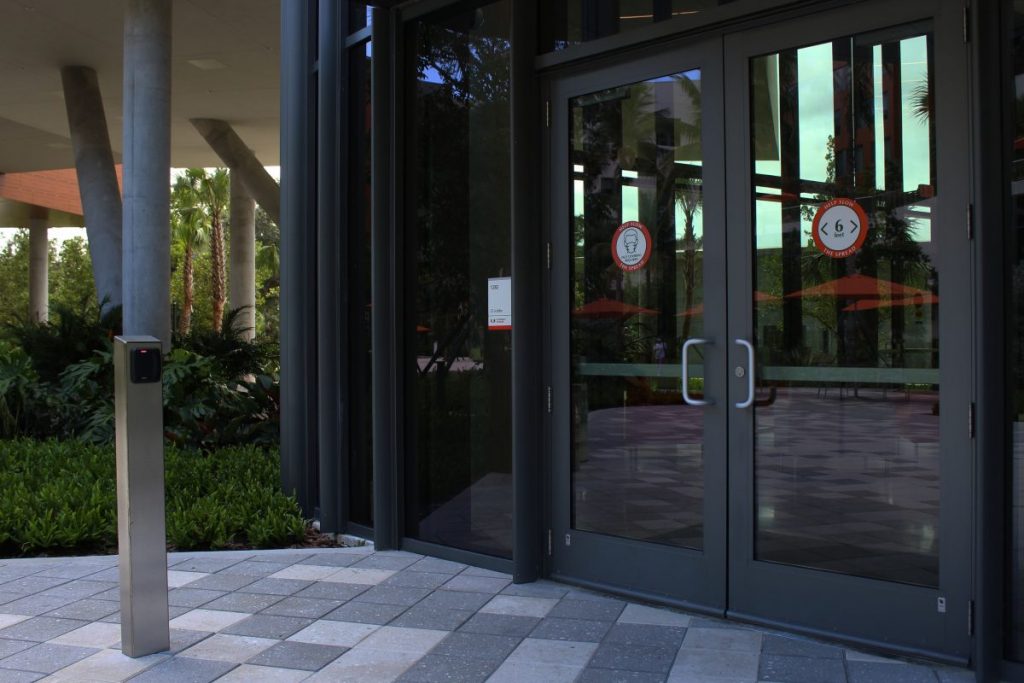 D Lobby of Lakeside Village and the card scanner required to enter the building. Scanners have been installed across campus so only those with a CaneCard can enter.