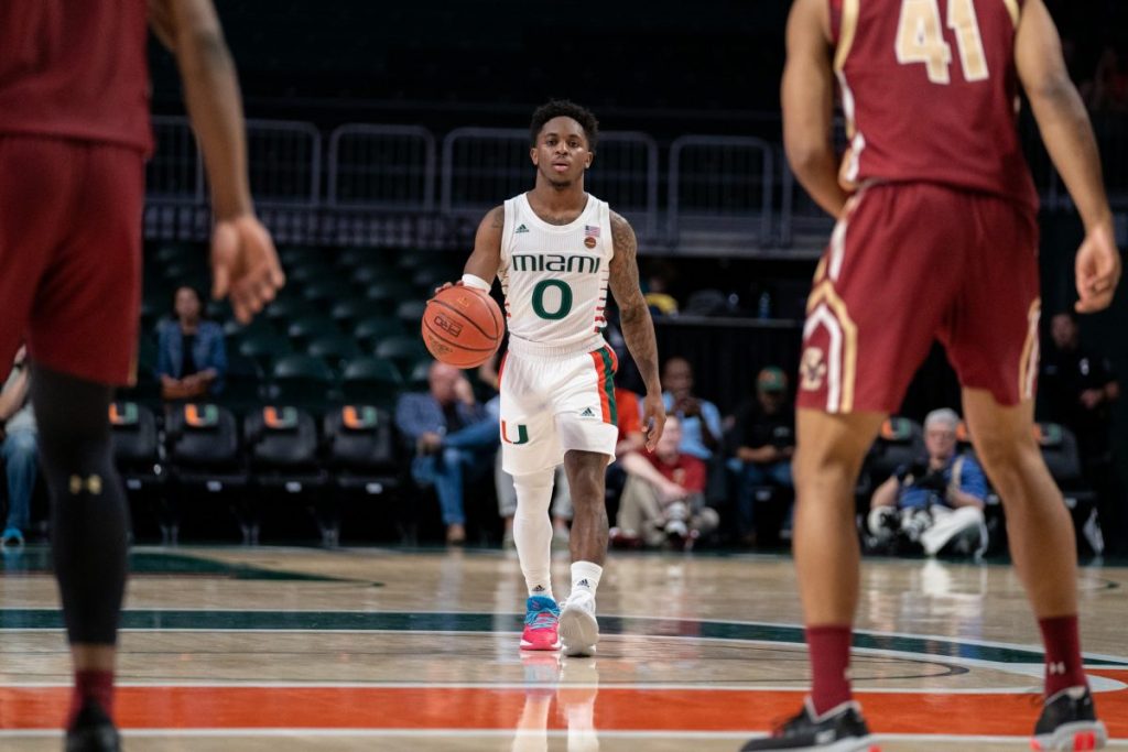Junior Guard Chris Lykes brings the ball down court during the Hurricanes’ game versus Boston College in the Watsco Center on Feb. 12.