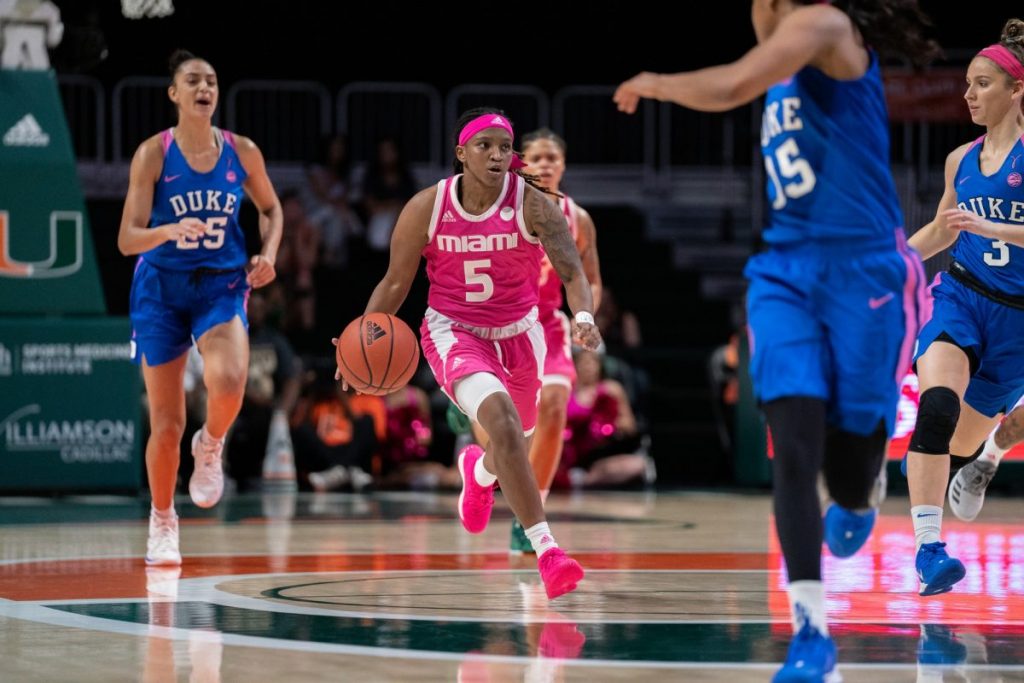 Junior guard Mykea Gray dribbles downcourt during Miami’s game versus Duke on Feb. 9. Gray will miss the upcoming season due to an ACL injury sustained in practice.