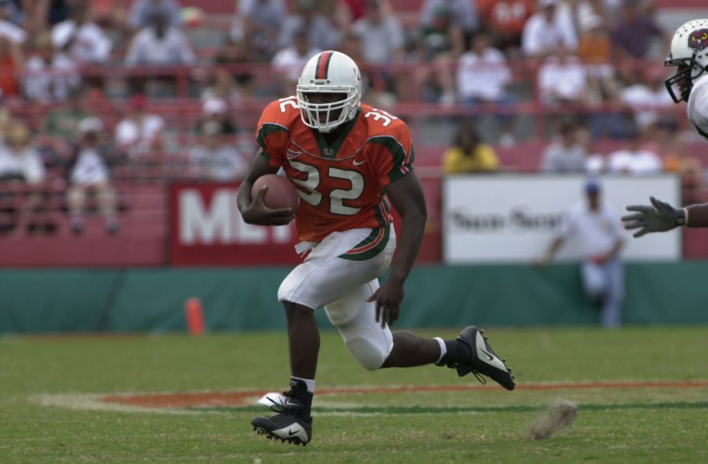 Running back Frank Gore rushing during the 2001 football season. Gore rushed for 61 yards, and a 3rd quarter touchdown for the Jets on Sunday, Nov. 23.