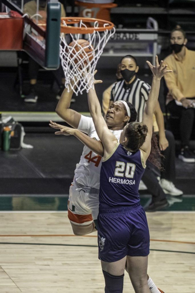 Sophomore Center Sydnee Roby attempts a layup during the fourth quarter against Georgia Tech. Roby scored four points off the bench in Miami's loss Thursday Jan. 28.