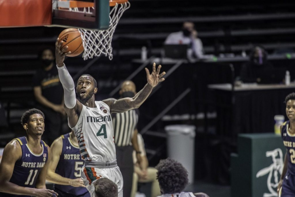 Elijah Olaniyi recorded 10 points and four steals in the loss. Olaniyi is one of the seven scholarship players Miami has available due to injuries.