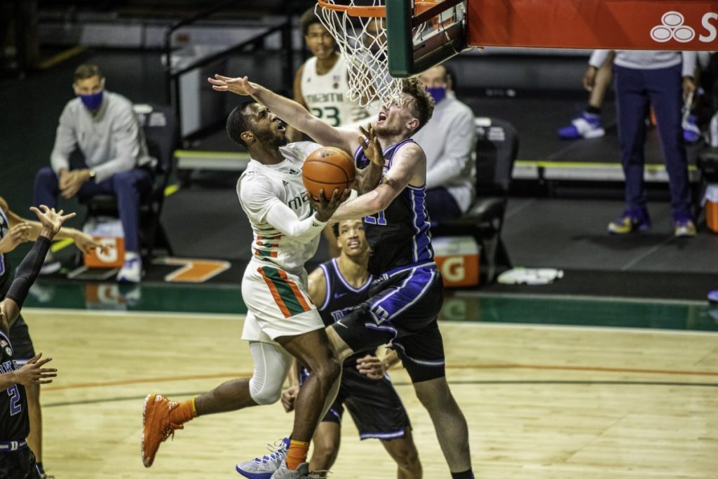 Senior Guard Elijah Olaniyi had a team high 21 points in Miami's win over Duke. Miami was led by three players with over 15 points at the Watsco Center on Monday Feb. 1.
