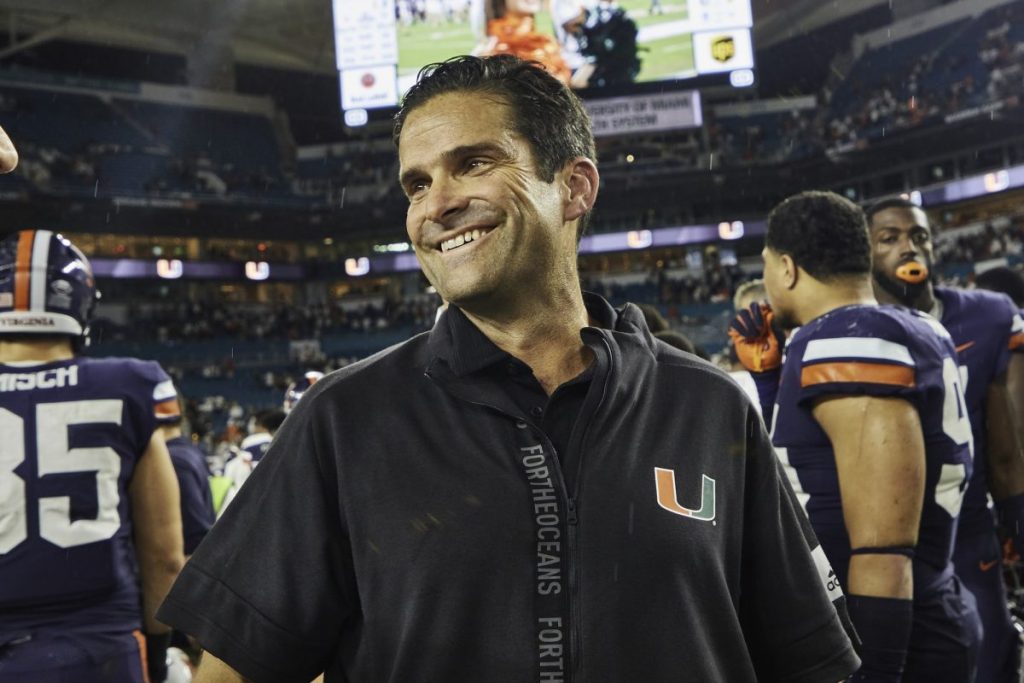 Head coach Manny Diaz smiles after Miami's win over Virginia at Hard Rock Stadium in Miami Gardens, FL on Oct. 11, 2019.