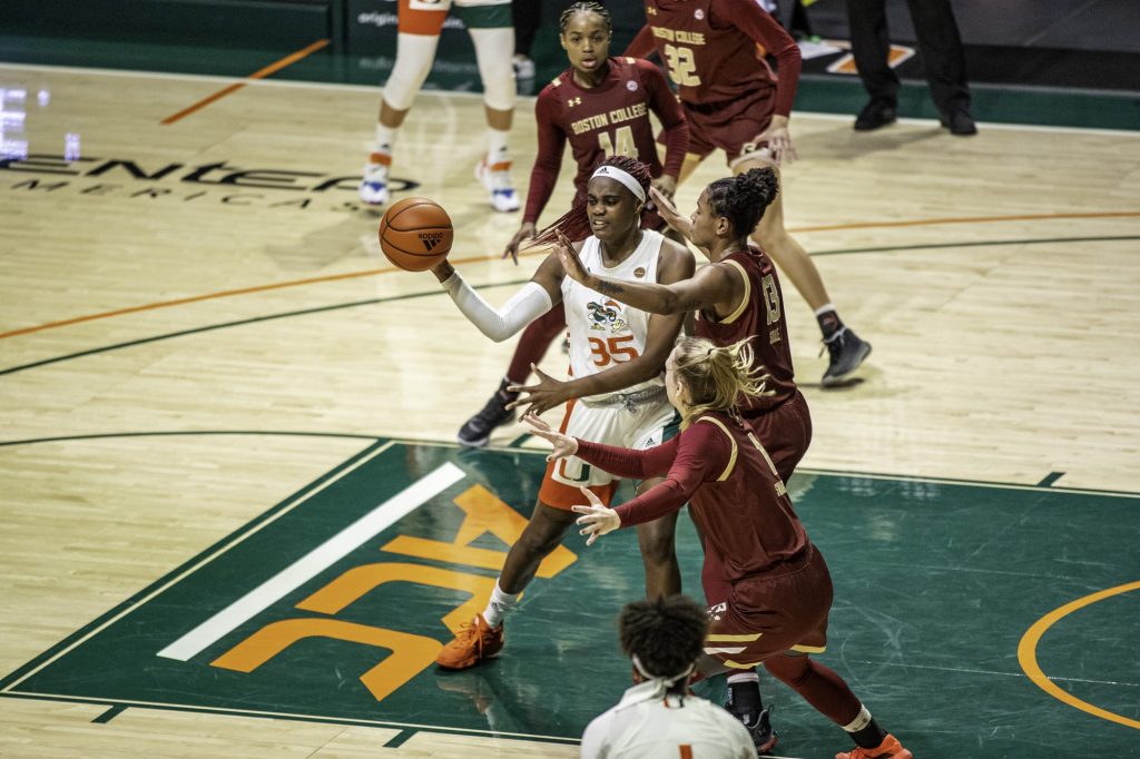 Junior Naomi Mbandu passes the ball out in the first half of Miami's win over Boston College Thursday Feb, 18. Mbandu had 8 points in the win.